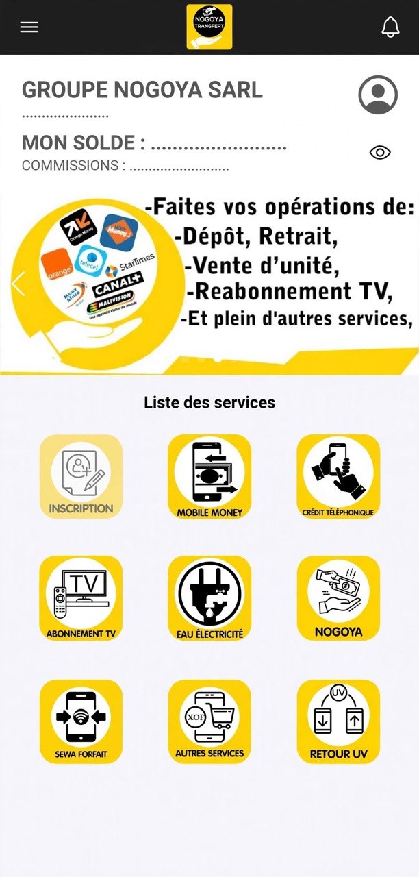 Application Nogoya Transfert - Accueil & Solde